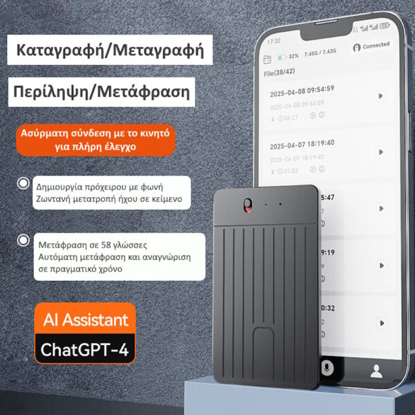 JNN A3(SW) Προηγμένο Καταγραφικό Ήχου με Μετάφραση σε 58 Γλώσσες & Περίληψη με ΑΙ – App, 15 ώρες & Κωδικός Πρόσβασης 16GB